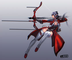 Rule 34 | 1girl, aiming, archery, armor, arrow (projectile), bad id, bad pixiv id, bow (weapon), breasts, chain, cleavage, cropped jacket, detached leggings, drawing bow, elf, gloves, grey eyes, grey hair, highres, holding, holding bow (weapon), holding weapon, jjune, large breasts, leotard, making-of available, original, pauldrons, pointy ears, shiny skin, short hair, shoulder armor, showgirl skirt, simple background, solo, thighhighs, weapon