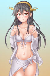 Rule 34 | 1girl, anti (untea9), bikini, black hair, blue background, breasts, collarbone, embarrassed, gluteal fold, gradient background, hair between eyes, hair ornament, hairband, hairclip, haruna (kancolle), haruna kai ni (kancolle), headgear, highres, hood, hooded sweater, jacket, kantai collection, lips, long hair, looking at viewer, medium breasts, official alternate costume, open clothes, open jacket, sarong, solo, sweater, swimsuit, white bikini, white sarong, white sweater, yellow background