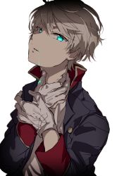 Rule 34 | 1boy, aldnoah.zero, bad id, bad pixiv id, blonde hair, blood, blue eyes, blue jacket, commentary request, gloves, hands up, hiiragi fuyuki, jacket, long sleeves, looking at viewer, male focus, simple background, slaine troyard, solo, upper body, white background, white gloves