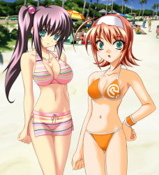 Rule 34 | 00s, 2girls, :o, ahoge, bikini, breasts, cleavage, day, green eyes, hair bobbles, hair ornament, hairband, hand on own hip, hip focus, jewelry, kimi ga nozomu eien, large breasts, multiple girls, muv-luv, muv-luv altered fable, necklace, non-web source, orange hair, pink hair, purple hair, side ponytail, striped bikini, striped clothes, suzumiya akane, swimsuit, tsukiji tae, wristband