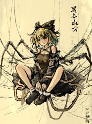 Rule 34 | 1girl, arthropod girl, arthropod limbs, blonde hair, bow, brown dress, closed mouth, commentary, dress, hair bow, highres, insect girl, kurodani yamame, orange eyes, shoes, short hair, silk, smile, solo, spider girl, spider web, touhou, translation request, zhuxie1264852
