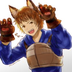 Rule 34 | 10s, 1boy, animal ears, animal hands, armor, bad id, bad pixiv id, breastplate, brown hair, claw pose, fang, fighter (granblue fantasy), gloves, gran (granblue fantasy), granblue fantasy, hajime (gitoriokawaii), male focus, open mouth, paw gloves, smile, solo, twitter username, upper body