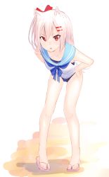 Rule 34 | 1girl, animal ears, bare legs, bent over, blue sailor collar, blue one-piece swimsuit, bow, commentary request, full body, hair bow, hair ornament, hairclip, hands on own hips, highres, looking at viewer, no socks, one-piece swimsuit, original, parted lips, pigeon-toed, pink hair, red bow, red eyes, sailor collar, sandals, school uniform, serafuku, shirt, short hair, simple background, solo, standing, suzunari arare, swimsuit, swimsuit under clothes, tied shirt, v-shaped eyebrows, white background, white shirt, yuki arare