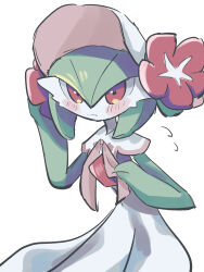 Rule 34 | 1girl, absurdres, adjusting clothes, adjusting headwear, blush, blush stickers, bob cut, bonnet, capelet, closed mouth, clothed pokemon, colored skin, creatures (company), female focus, flat chest, flower, flying sweatdrops, game freak, gardevoir, gardevoir (fashionable), gen 3 pokemon, green hair, green skin, hair between eyes, hands up, hat, hat flower, highres, looking at viewer, mame (pixiv 57985908), multicolored skin, nervous, nintendo, pink trim, pokemon, pokemon (creature), pokemon unite, red eyes, red flower, short hair, simple background, sketch, solo, split mouth, standing, two-tone skin, white background, white capelet, white hat, white skin