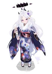 Rule 34 | 1girl, beko (beco 1122), blue archive, character name, closed mouth, commentary request, demon horns, floral print, flower, full body, fur-trimmed kimono, fur trim, hair bun, hair flower, hair ornament, hairclip, halo, head tilt, highres, hina (blue archive), horns, japanese clothes, kimono, long hair, long sleeves, looking at viewer, obi, obiage, obijime, omikuji, parted bangs, purple eyes, purple flower, sandals, sash, simple background, solo, standing, tabi, very long hair, white background, white hair, wide sleeves, zouri