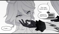 Rule 34 | 1yym, 2girls, ahoge, arlecchino (genshin impact), ascot, cake, finger in another&#039;s mouth, fingernails, food, frilled sleeves, frills, furina (genshin impact), gem, genshin impact, greyscale, heterochromia, jewelry, long hair, long sleeves, monochrome, multicolored hair, multiple girls, multiple rings, plate, ring, shaded face, sharp fingernails, simple background, streaked hair, sweat, very long hair, yuri