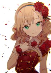 Rule 34 | 1girl, bare shoulders, black hairband, blonde hair, blurry, chromatic aberration, commentary request, corsage, depth of field, dress, flower, frills, gloves, gold trim, green eyes, hair flower, hair ornament, hairband, hand on own chest, highres, idolmaster, idolmaster cinderella girls, idolmaster cinderella girls starlight stage, looking at viewer, petals, red dress, rose, rose petals, sakurai momoka, short hair, signature, simple background, sleeveless, sleeveless dress, smile, solo, upper body, wavy hair, white background, white gloves, wrist flower, yae (mono110)