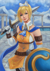 Rule 34 | 1girl, absurdres, bare shoulders, belt, belt buckle, blonde hair, blue scarf, breasts, buckle, cassandra alexandra, cleavage, cleavage cutout, clothing cutout, detached collar, dress, green eyes, hair ribbon, highres, mountain, multicolored clothes, multicolored dress, pantyhose, parted lips, ponytail, ribbon, scarf, shield, short sword, smile, solo, soul calibur, soulcalibur, soulcalibur vi, sword, weapon
