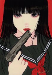 Rule 34 | 1girl, black hair, black sailor collar, black serafuku, black shirt, blunt bangs, chain necklace, closed mouth, eyelashes, finger on trigger, grey eyes, gun, handgun, highres, holding, holding gun, holding weapon, jewelry, long hair, looking at viewer, mole, mole under mouth, narumi hosokawa, neckerchief, necklace, original, portrait, red lips, red neckerchief, sailor collar, school uniform, serafuku, shirt, signature, simple background, solo, traditional media, weapon