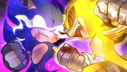Rule 34 | 2boys, 3511vo, animal ears, animal nose, black fur, black sclera, blood on clothes, colored sclera, dark sonic, feet out of frame, fighting, fighting stance, fleetway super sonic, gloves, glowing, glowing eyes, hedgehog, hedgehog ears, hedgehog tail, highres, looking at another, multiple boys, no pupils, open mouth, red eyes, ringed eyes, sega, sharp teeth, smile, snout, socks, sonic (series), sonic the comic, sonic the hedgehog, sonic x, super sonic, tail, teeth, white gloves, white socks, yellow fur
