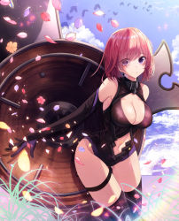 Rule 34 | 1girl, absurdres, animal, animal ears, bad id, bad pixiv id, bare shoulders, bird, black thighhighs, blue sky, breasts, center opening, cleavage, closed mouth, cloud, commentary request, day, elbow gloves, eyes visible through hair, falling petals, fate/grand order, fate (series), female focus, gloves, hair over one eye, highres, large breasts, legs, leotard, looking at viewer, mash kyrielight, navel, outdoors, petals, pink hair, purple eyes, purple gloves, revision, shield, short hair, sky, smile, solo, standing, thigh strap, thighhighs, thighs, type-moon, xingjinmeijian