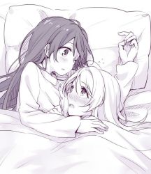 Rule 34 | 10s, 2girls, ayase eli, bed, blush, flying sweatdrops, hair down, head on chest, long hair, long sleeves, looking at another, love live!, love live! school idol project, lying, monochrome, multiple girls, on side, pajamas, pillow, shared blanket, smile, sonoda umi, under covers, yukiiti, yuri