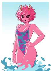 Rule 34 | 1girl, ashido mina, black sclera, boku no hero academia, breasts, cleavage, colored sclera, colored skin, hand on own hip, highres, leotard, looking at viewer, one-piece swimsuit, pink hair, pink skin, see-through, sideboob, simple background, solo, suoiresnu, swimsuit