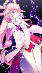 Rule 34 | 1girl, animal ears, black background, blush, breasts, closed mouth, commentary, crossed bangs, detached sleeves, earrings, electricity, feet out of frame, fingers together, flower knot, fox ears, genshin impact, hair between eyes, hair rings, headpiece, highres, japanese clothes, jewelry, long hair, looking at viewer, low-tied long hair, medium breasts, miko, necklace, own hands together, petals, pink hair, purple eyes, red skirt, rumi (rarumi11), simple background, skirt, smile, solo, standing, tassel, thighs, wide sleeves, yae miko