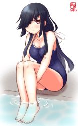 Rule 34 | 1girl, alternate costume, artist logo, barefoot, black hair, blush, breasts, cleavage, collarbone, competition school swimsuit, covered navel, dated, full body, hair over one eye, hair over shoulder, hair ribbon, hayashimo (kancolle), highres, hime cut, kanon (kurogane knights), kantai collection, legs together, long hair, looking at viewer, medium breasts, new school swimsuit, one-piece swimsuit, outdoors, pool, poolside, ribbon, school swimsuit, signature, simple background, sitting, soaking feet, solo, swimsuit, very long hair, wading, water, white background, white ribbon