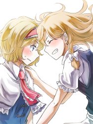 Rule 34 | 2girls, alice margatroid, ascot, blonde hair, blue eyes, blush, braid, capelet, closed eyes, couple, forehead-to-forehead, grin, hairband, hand on shoulder, heads together, highres, kirisame marisa, long hair, md5 mismatch, multiple girls, nip to chip, no headwear, profile, resized, short hair, side braid, simple background, smile, touhou, upper body, white background, yuri