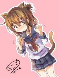 Rule 34 | 10s, 1girl, anchor symbol, animal ears, artist name, blush, brown eyes, brown hair, commentary request, darkside, folded ponytail, inazuma (kancolle), kantai collection, kemonomimi mode, neckerchief, school uniform, serafuku, simple background, skirt, solo, tail, wavy mouth
