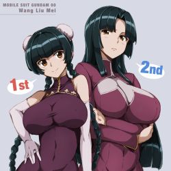 Rule 34 | 2girls, braid, breast hold, breasts, character name, cleavage, commentary request, copyright name, double bun, dual persona, elbow gloves, english text, gloves, gundam, gundam 00, hair bun, highres, impossible clothes, large breasts, long hair, multiple girls, runaru, see-through, sidelocks, straight hair, time paradox, twin braids, very long hair, wang liu mei