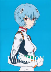 Rule 34 | 1girl, absurdres, ayanami rei, blue background, blue hair, bodysuit, breasts, character name, gloves, hair ornament, highres, looking at viewer, neon genesis evangelion, number print, official art, plugsuit, rebuild of evangelion, red eyes, scan, shiny clothes, short hair, simple background, skin tight, solo, standing