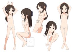 Rule 34 | 1girl, arms up, ass, bikini, black eyes, black hair, blue bow, bow, cameltoe, facing viewer, female focus, flat chest, from side, full body, hair bow, highres, idolmaster, idolmaster cinderella girls, long hair, micro bikini, navel, open mouth, profile, shin (shincrz), side-tie bikini bottom, simple background, sitting, smile, solo, standing, swimsuit, tachibana arisu, thigh gap, white background, white bikini