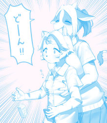 Rule 34 | 2girls, 848siba, absurdres, animal ears, blue theme, grabbing another&#039;s breast, cellphone, cow ears, cow horns, cow tail, closed eyes, female focus, furry, furry female, grabbing, grabbing from behind, highres, holding, holding phone, horns, milk carton, monochrome, multiple girls, original, phone, pleated skirt, ponytail, skirt, smartphone, surprised, tail, tiger ears, yuri