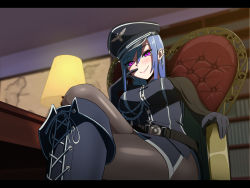 Rule 34 | 1girl, blue hair, blush, boots, chair, desk, highres, crossed legs, long hair, looking at viewer, military, military uniform, mole, pantyhose, pink eyes, pov, sitting, smile, uniform