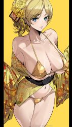 Rule 34 | 1girl, 2024, alternate costume, alternate hairstyle, ashiomi masato, bikini, blonde hair, blue eyes, breasts, cleavage, commentary request, floral print, flower, gold bikini, guilty gear, guilty gear strive, hair flower, hair ornament, highres, huge breasts, japanese clothes, kimono, large breasts, long hair, long sleeves, looking at viewer, millia rage, navel, off shoulder, print kimono, revision, rose, shiny swimsuit, simple background, smile, standing, swimsuit, wavy hair, wide sleeves, yellow background, yellow flower, yellow kimono, yellow rose