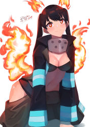Rule 34 | 1girl, absurdres, all fours, bikini, bikini top only, black bikini, black coat, bright pupils, brown hair, closed mouth, coat, dated, en&#039;en no shouboutai, fiery tail, fire, fire, highres, long hair, long sleeves, navel, open clothes, open coat, orange eyes, rotogaki, signature, simple background, smile, solo, stomach, swimsuit, tail, tamaki kotatsu, twintails, white background, white pupils