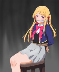 Rule 34 | 1girl, absurdres, arms behind back, black vest, blonde hair, blue jacket, bound, bow, chair, cloth gag, collared shirt, commentary, cropped jacket, crying, gag, gagged, grey skirt, highres, hoshino ruby, improvised gag, jacket, long hair, long sleeves, one side up, oshi no ko, pink bow, pink eyes, pink ribbon, restrained, ribbon, rogi0615, school uniform, shirt, sidelocks, sitting, skirt, solo, star-shaped pupils, star (symbol), symbol-shaped pupils, vest, white shirt, youtou high school uniform