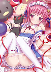 Rule 34 | 1girl, alternate costume, apron, ass, bare shoulders, blue dress, blush, breasts, breasts out, bukkake, cosplay, cum, cum in pussy, dress, enmaided, eyeball, givuchoko, hair ribbon, heart, highres, izayoi sakuya, izayoi sakuya (cosplay), kaenbyou rin, kaenbyou rin (cat), knees together feet apart, komeiji satori, looking at viewer, lying, maid, maid apron, maid headdress, nipples, on back, panties, panty pull, pink eyes, pink hair, pink panties, pussy, reiuji utsuho, reiuji utsuho (bird), ribbon, short hair, small breasts, solo, stuffed animal, stuffed bird, stuffed cat, stuffed toy, thighhighs, third eye, touhou, underwear, white thighhighs, wrist cuffs