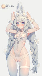 Rule 34 | + +, 1girl, absurdres, ahoge, animal ear fluff, animal ears, arms up, azur lane, blue eyes, blush, braid, breasts, butterfly hair ornament, cameltoe, character name, choker, clothing cutout, collarbone, commentary, copyright name, cowboy shot, daliyang, female focus, grey hair, hair ornament, hands up, highres, huge filesize, le malin (azur lane), le malin (listless lapin) (azur lane), long hair, navel, parted lips, pussy, pussy peek, rabbit ears, rabbit pose, revealing clothes, side cutout, skindentation, small breasts, solo, thigh strap, thighhighs, twin braids, very long hair, white choker, white thighhighs, white wrist cuffs, wrist cuffs