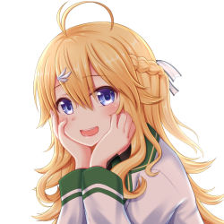 Rule 34 | 1girl, :d, ahoge, black shirt, blazer, blonde hair, blue eyes, blush, braid, collared shirt, commentary request, green neckwear, hair between eyes, hair ornament, hanazome dotera, hands up, jacket, long hair, long sleeves, looking at viewer, nijisanji, open mouth, shirt, simple background, smile, solo, teeth, todo kohaku, upper teeth only, virtual youtuber, white background, white jacket