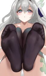 Rule 34 | 1girl, blush, feet, firefly (honkai: star rail), grey hair, honkai: star rail, honkai (series), kukoi, long hair, looking at viewer, multicolored eyes, parted lips, soles, thighhighs, toes