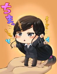 Rule 34 | 1girl, 1other, afterimage, black eyes, black footwear, black hair, black jacket, black pantyhose, black skirt, blazer, blush, braid, chibi, collared shirt, commentary request, earrings, french braid, full body, highres, in palm, jacket, jewelry, junk gaming maiden, kitsunerider, long hair, long sleeves, low-tied long hair, mole, mole on cheek, office lady, onizuka saori, open mouth, orange background, pantyhose, pencil skirt, shirt, shoes, skirt, solo focus, swept bangs, thick eyebrows, triangle mouth, very long hair, white shirt