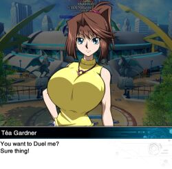 Rule 34 | 1girl, alternate breast size, blue eyes, breasts, brown hair, hair ornament, hair scrunchie, huge breasts, impossible clothes, impossible shirt, looking at viewer, mazaki anzu, ponytail, scrunchie, shirt, smile, solo, thesanstorm, tight clothes, tight shirt, yellow shirt, yu-gi-oh!, yu-gi-oh! duel links