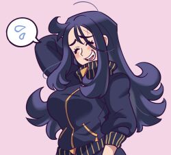 Rule 34 | 1girl, ahoge, alternate hairstyle, arched bangs, arm up, black hair, black jacket, black track suit, blush, closed eyes, creatures (company), cross scar, dendra (pokemon), game freak, hair down, highres, jacket, long hair, loose hair strand, loveycloud, nintendo, open mouth, pink background, pokemon, pokemon sv, scar, scar on face, scar on forehead, simple background, smile, solo, speech bubble, sweat, teeth, track jacket, turtleneck, turtleneck jacket, zipper pull tab