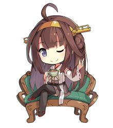 Rule 34 | 10s, 1girl, ;), blue eyes, brown hair, couch, cup, hairband, japanese clothes, kantai collection, kongou (kancolle), crossed legs, lino-lin, long hair, nontraditional miko, one eye closed, ribbon-trimmed sleeves, ribbon trim, sitting, skirt, smile, solo, teacup, thighhighs