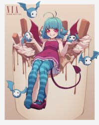 Rule 34 | 1girl, antenna hair, birthday, blue hair, blue thighhighs, border, borrowed character, breasts, brown background, cake, demon girl, demon tail, dress, drip cake, food, full body, gradient background, grin, highres, k-rha&#039;s, looking at viewer, nia (dudul), original, oversized food, oversized object, pink dress, pink eyes, pink footwear, pointy ears, shoe dangle, short hair, sitting, sleeveless, sleeveless dress, small breasts, smile, solo, striped clothes, striped thighhighs, tail, thighhighs, white border, wings