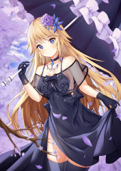 Rule 34 | 1girl, absurdres, black dress, black gloves, black thighhighs, black umbrella, blonde hair, blue eyes, blush, breasts, cleavage, cowboy shot, day, dress, fate/apocrypha, fate (series), floating hair, flower, gloves, hair flower, hair ornament, highres, holding, holding umbrella, jeanne d&#039;arc (fate), jeanne d&#039;arc (ruler) (fate), kotomaru (sirouko9511), leaning to the side, long hair, looking at viewer, medium breasts, outdoors, petals, purple flower, see-through, side slit, sideboob, skirt hold, sleeveless, sleeveless dress, smile, solo, standing, thighhighs, umbrella, very long hair
