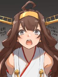 Rule 34 | 1girl, absurdres, ahoge, brown hair, commentary request, double bun, gradient background, grey background, grey eyes, hair bun, hairband, headgear, highres, japanese clothes, kantai collection, kongou (kancolle), long hair, looking at viewer, one-hour drawing challenge, open mouth, round teeth, solo, teeth, translation request, umibudou, upper body, upper teeth only