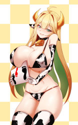 Rule 34 | 1girl, absurdres, ahoge, animal ears, animal print, bell, bikini, blonde hair, breasts, cameltoe, checkered background, colored inner hair, commentary request, covered erect nipples, cow ears, cow horns, cow print, cow print bikini, cowbell, curvy, elbow gloves, elf, elven forest maker, footprints, gloves, green eyes, green hair, hair between eyes, highres, holding, horns, huge breasts, last origin, long hair, looking at viewer, micro bikini, multicolored hair, navel, neck bell, orangegoon, placard, pointy ears, print bikini, sexually suggestive, shadow, sign, skindentation, smile, solo, standing, swimsuit, thighhighs, two-tone hair, very long hair