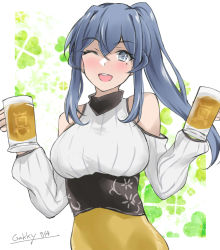 Rule 34 | 1girl, alcohol, beer, beer mug, blue eyes, blue hair, commentary request, cowboy shot, cup, detached sleeves, gakky, gotland (kancolle), hair bun, holding, kantai collection, long hair, mole, mole under eye, mug, official alternate costume, one-hour drawing challenge, one eye closed, open mouth, ponytail, ribbed sweater, round teeth, single hair bun, skirt, smile, solo, sweater, teeth, upper teeth only, yellow skirt
