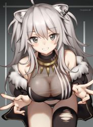 Rule 34 | 1girl, absurdres, ahoge, animal ears, bare shoulders, bilibili xiaolu, black panties, blush, breasts, cleavage, double v, earrings, fur-trimmed jacket, fur trim, grey eyes, grey hair, hair between eyes, highres, hololive, jacket, jewelry, large breasts, lion ears, lion girl, long hair, looking at viewer, necklace, no pants, panties, see-through, see-through cleavage, shirt, shishiro botan, shishiro botan (1st costume), sitting, sleeveless, sleeveless shirt, solo, thighhighs, thighs, torn clothes, torn thighhighs, underwear, v, virtual youtuber