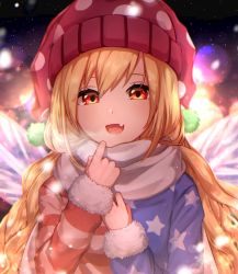 Rule 34 | 1girl, absurdres, blonde hair, blue coat, blue sleeves, clownpiece, coat, eyes visible through hair, fairy wings, hair between eyes, hands up, hat, highres, light, long hair, long sleeves, mozuno (mozya 7), multicolored background, multicolored clothes, multicolored coat, night, night sky, open mouth, pink hat, polka dot, pom pom (clothes), red coat, red eyes, red sleeves, scarf, shadow, sky, smile, snow, snowing, solo, star (sky), star (symbol), star print, starry sky, striped, striped coat, touhou, white neckwear, white scarf, wings