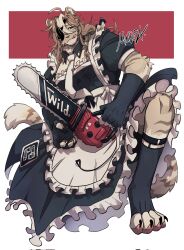 Rule 34 | 1boy, ahoge, animal ears, animal feet, animal hands, apron, artist name, bara, black dress, black eyes, black gloves, body fur, body markings, bright pupils, brown fur, brown hair, cat boy, cat ears, cat tail, chainsaw, claws, closed mouth, crossdressing, detached collar, digitigrade, dress, ear piercing, fingerless gloves, frilled apron, frilled dress, frills, full body, furry, furry male, gloves, hair between eyes, highres, holding, holding chainsaw, licking lips, long hair, looking at viewer, maid, male focus, messy hair, mudosa, multicolored background, multicolored hair, necktie, on one knee, original, partially shaded face, piercing, puffy chest, puffy short sleeves, puffy sleeves, red background, short sleeves, sidelocks, solo, streaked hair, tail, thigh strap, toeless legwear, tongue, tongue out, white apron, white background, white necktie, white pupils