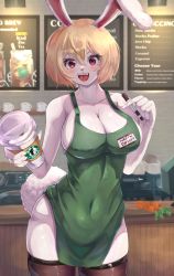 Rule 34 | 1girl, :d, absurdres, animal nose, apron, blonde hair, blush, breasts, carrot (one piece), cleavage, covered navel, cup, furry, furry female, green apron, heart, heart in eye, highres, holding, holding cup, iced latte with breast milk (meme), klopsiak, looking at viewer, meme, naked apron, one piece, open mouth, rabbit girl, short hair, skindentation, smile, standing, starbucks, symbol in eye, thighhighs