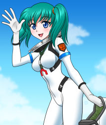 Rule 34 | 1girl, artist request, blue eyes, blue sky, blush, breasts, green hair, helmet, holding, holding helmet, honjou mikaze, long hair, looking at viewer, medium breasts, open mouth, pilot helmet, pilot suit, salute, shiny clothes, simple background, skin tight, sky, solo, spacesuit, stratos 4, twintails