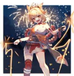 Rule 34 | 1girl, :d, absurdres, arm tattoo, bandaged arm, bandaged leg, bandages, blurry, bracelet, breasts, brown eyes, chest tattoo, choker, cleavage, collarbone, commentary request, depth of field, dual wielding, fireworks, genshin impact, gloves, hair between eyes, hair ornament, highres, holding, japanese clothes, jewelry, kino (m6t2a), light brown hair, long hair, looking at viewer, open mouth, rope, sarashi, shimenawa, sidelocks, single glove, smile, solo, sparkler, tattoo, wide sleeves, yoimiya (genshin impact)