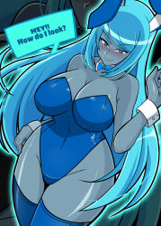 Rule 34 | 1girl, animal ears, bare shoulders, blue eyes, blue hair, blush, breasts, rabbit ears, cleavage, curvy, dark samus, english text, grin, iriomote umineko, large breasts, legs, long hair, looking at viewer, metroid, metroid prime, nintendo, smile, solo, super smash bros., thick thighs, thighhighs, thighs, wide hips
