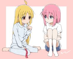 Rule 34 | 2girls, aayh, ahoge, barefoot, blonde hair, blue pajamas, blue pants, blue shirt, blue shorts, bocchi the rock!, collared shirt, commentary request, crying, crying with eyes open, cube hair ornament, dress shirt, gotoh hitori, green eyes, hair between eyes, hair ornament, hugging own legs, ijichi nijika, knees up, long hair, multiple girls, no shoes, one side up, pajamas, pants, parted bangs, pink background, pink hair, red eyes, shirt, short shorts, shorts, simple background, sitting, socks, tears, two-tone background, very long hair, wariza, white background, white shirt, white socks
